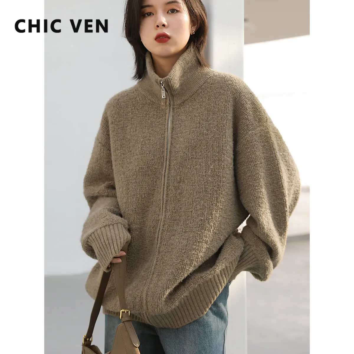CHIC VEN Korean Loose Stand Collar Double Zipper Warm Sweater Cardigan Coat Autumn Winter 2022