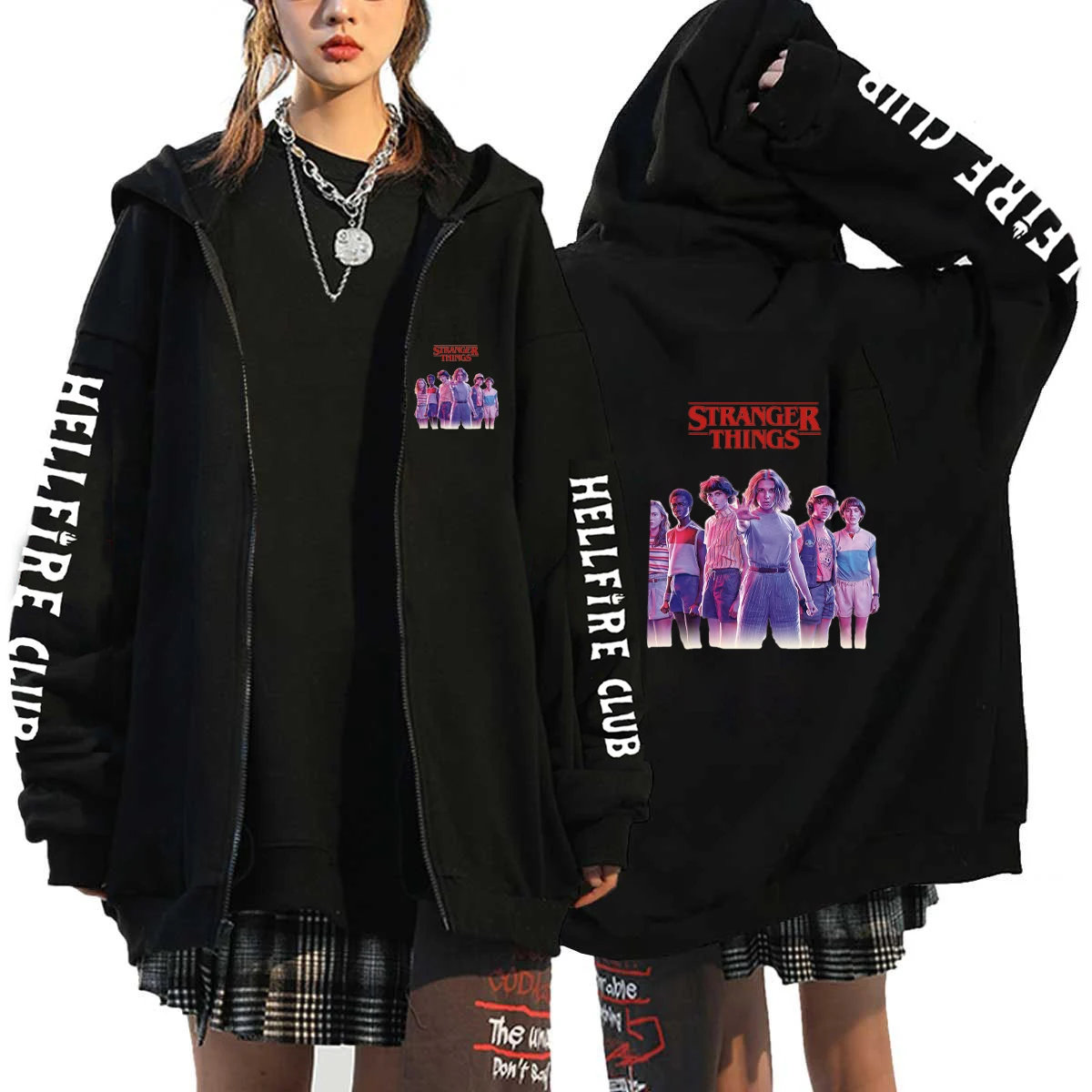 Harajuku Casual Zip Up Jackets Stranger Things Print Hoodies Women Hip Hop Streetwear Sweatshirts Y2K Loose Zipper Hooded Tops