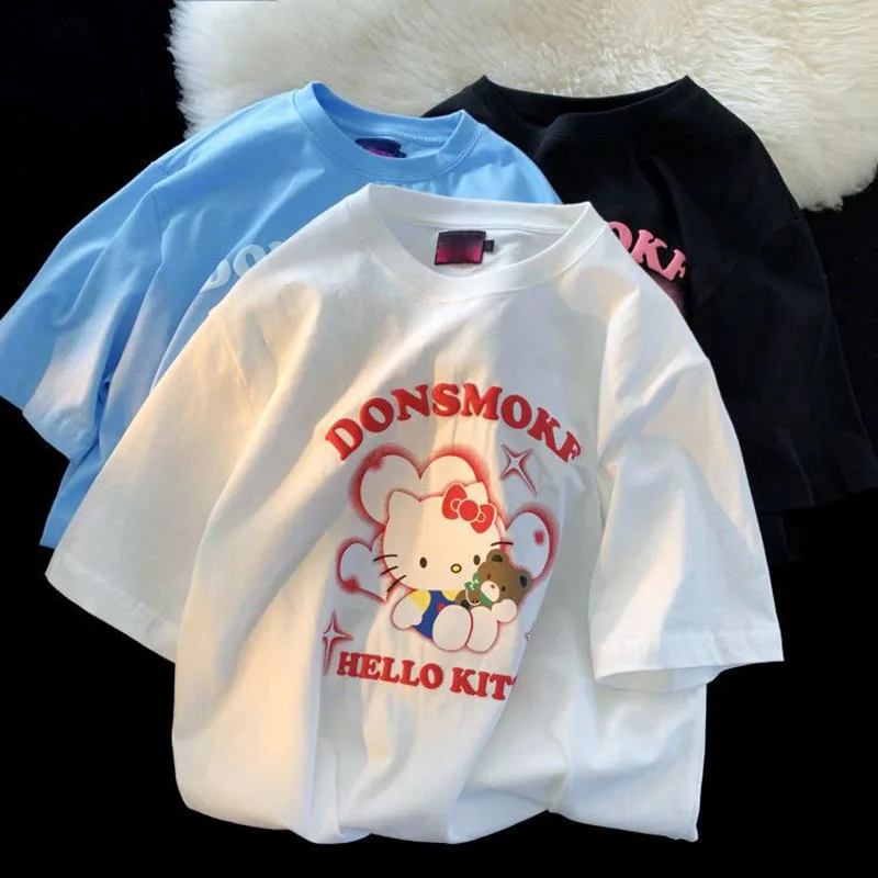 

Kawaii Sanrio Hello Kittys Cinnamoroll My Melody Cotton Summer Beauty Vintage Cartoon Couple Short Sleeve Loose T-Shirt Gift