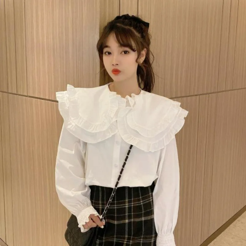 

White Blouse Women Shirt Petal Sleeve Solid Button Ruffles Fashion Woman Blouses 2022 Korean Autumn Peter Pan Collar Top Female
