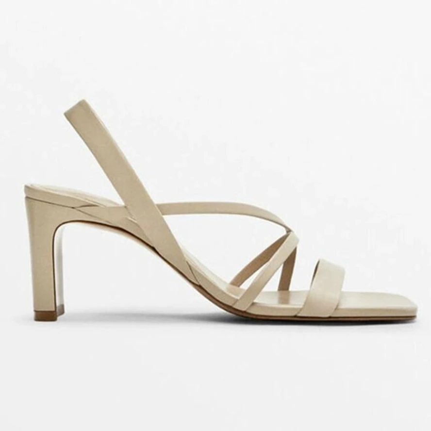 Dave&Di  French Fashion Ladies  Leather High-Heeled Commuter Sandals Beige Simple Casual Sandals Women  Summer