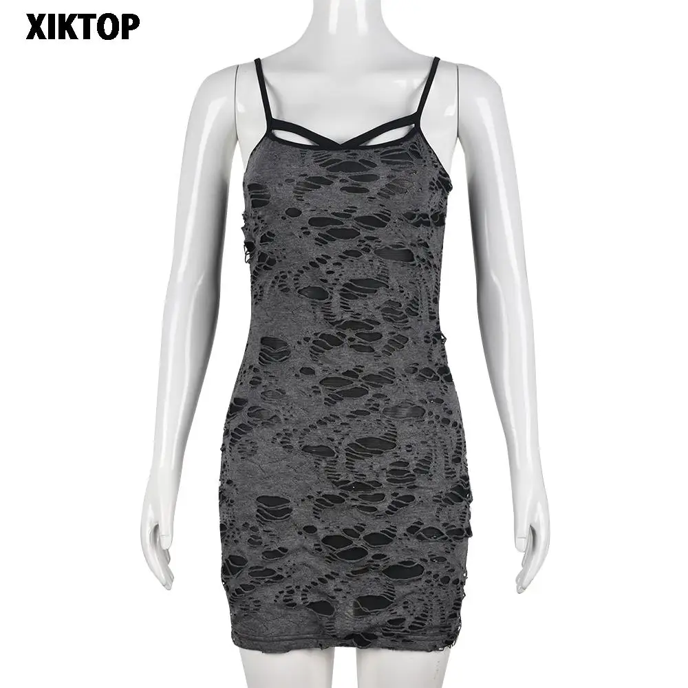 

Xiktop Milk Silk Dress Women Knit Fabric Distressed Hole Patchwork Spaghetti Strap Short Skirt Highstreet Crop Dresses Sexy Girl