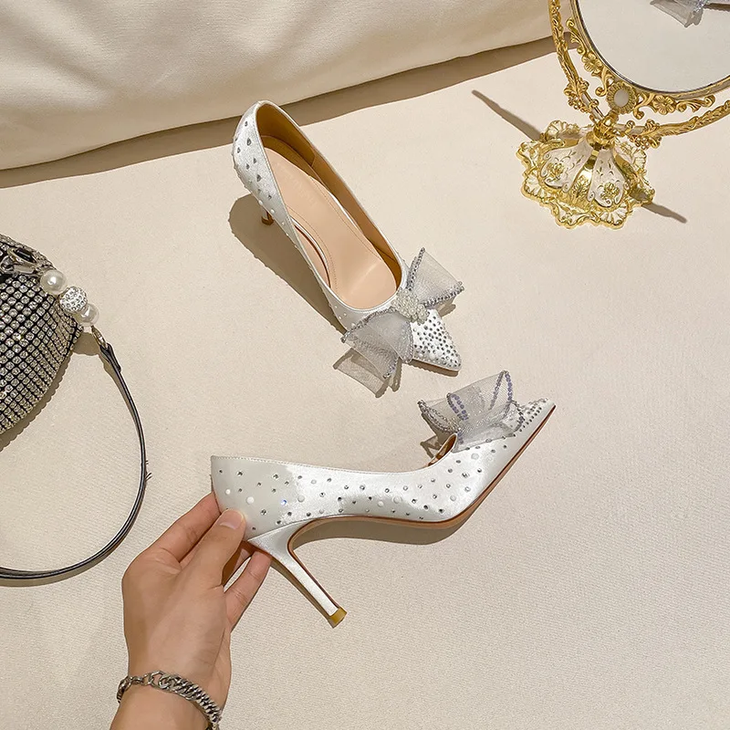 2023 New Summer Women's High Heels Rhinestone Bowknot Pointed Toe Small Fragrance Crystal Stiletto French Transparent Shoes