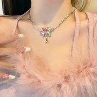 korean fashion heart shaped water drop necklace womens pink glass rhinestone sweet cool collarbone chain 2022 new charm jewelry