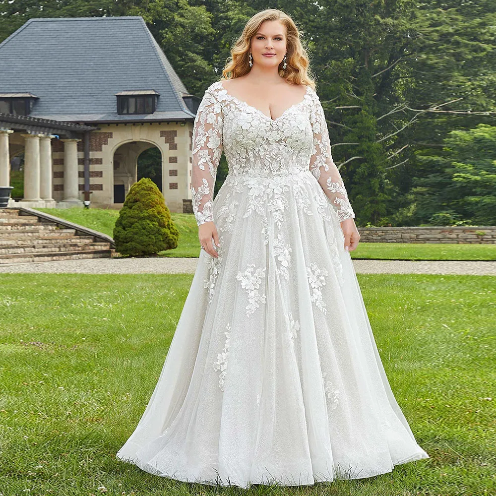 

Pastrol Wedding Dresses for Women Plus Size V Neck Full Sleeve Applique Illusion Bridal Gowns Court Train Vestidos De Noiva