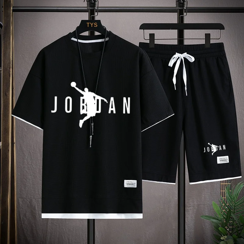 Men's Sportswear Casual Short Sleeve Sports Suit 2 Pieces T-Shirt Shorts Korean Style Jogging Suit Summer Fashion