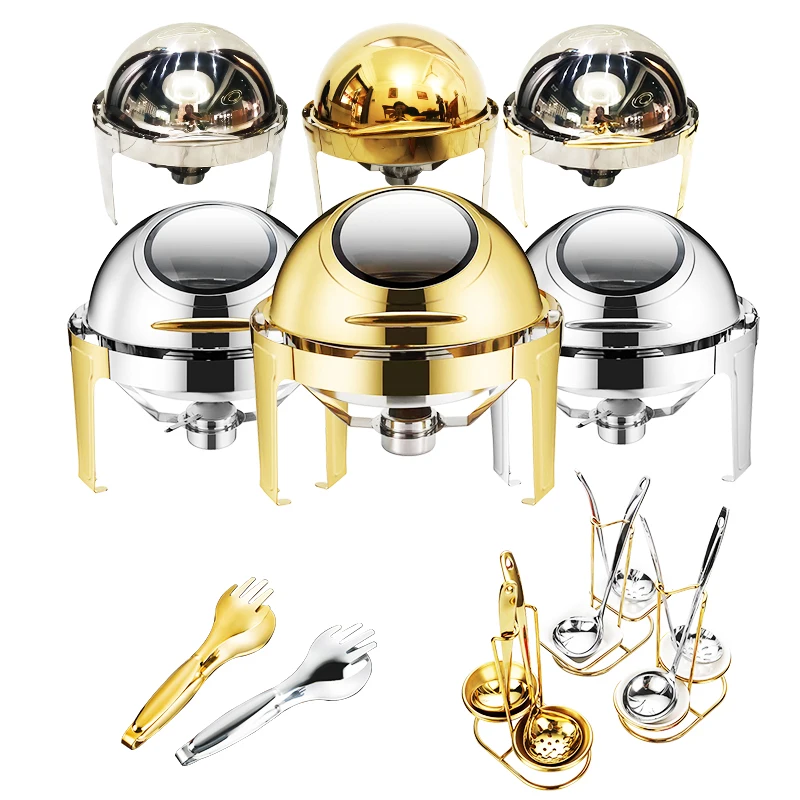 

Stainless Steel Chafing Dish Gold 6.5L Roll Top Round Catering Chafing Dish Food Warmer Available Serving Spoon Set And Clip