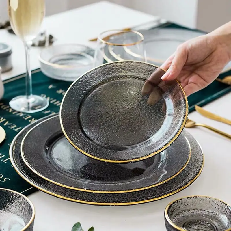 Роскошная золотая обеденная тарелка набор сервировочных тарелок стеклянная для