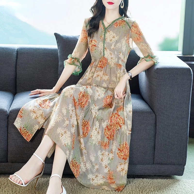 Summer 2023 Elegant Clothes Midi 100% Mulberry Silk es Long Ruffle Sleeves Casual Dress for Women Vestido