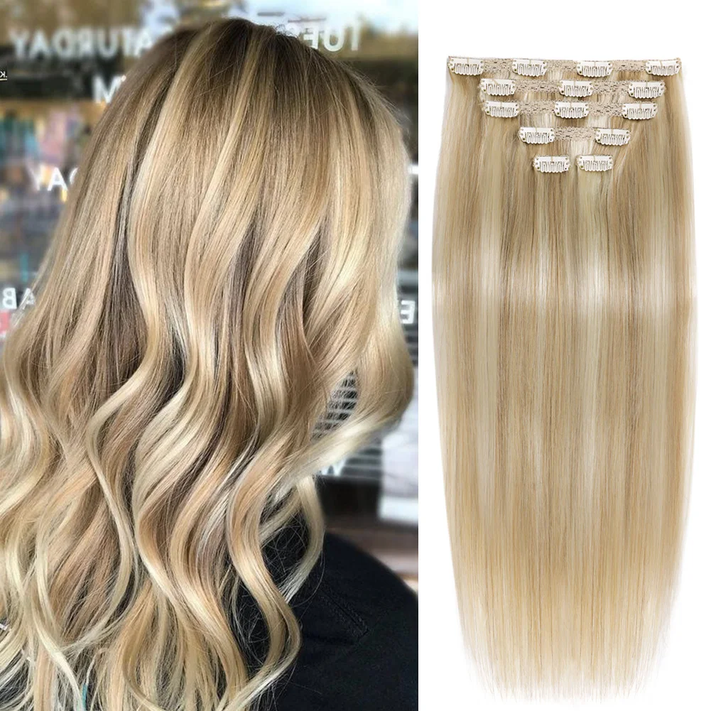 

BHF Clip in Human Hair Extensions 120g Natural Hair Clip in Extensions Highlighted Golden Blonde Straight Human Hair Extensions