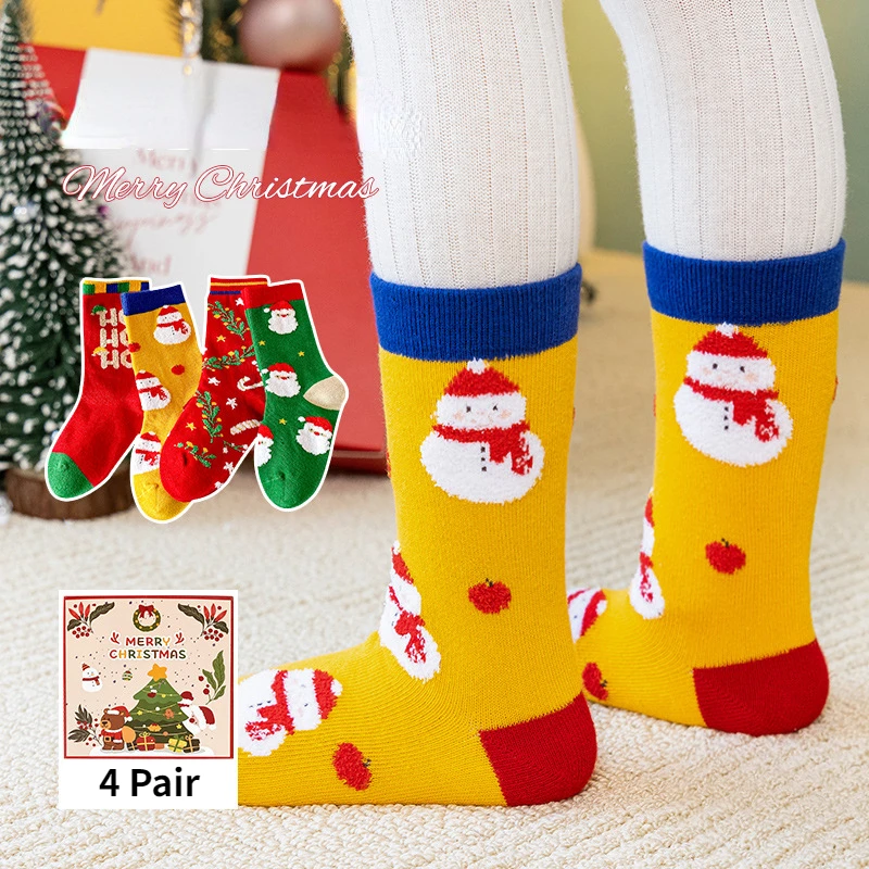 

4 пары рождественских носков для детей, мужчин, семейные зимние осенние теплые носки, рождественские новогодние носки, хлопковые носки с Сан...