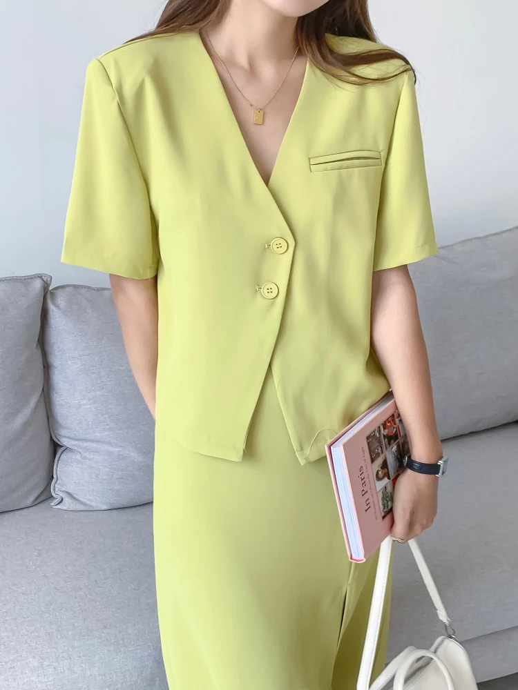 

Elegant Office Ladies Skirt Suits Fashion Casual Blazer & High Waist Split Pencil Midi Skirt Summer Woman Business 2 Pieces Set