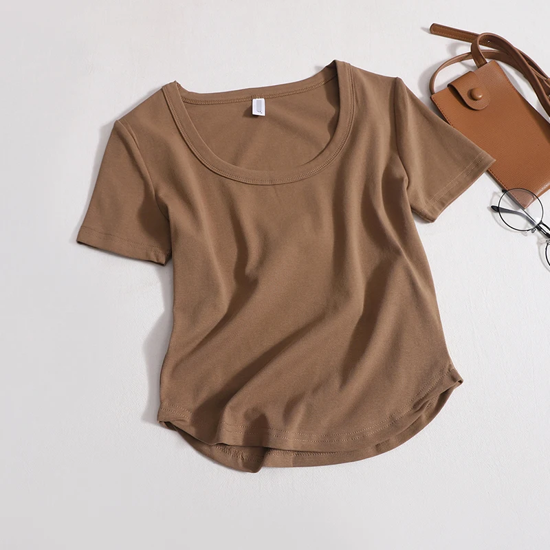 

Женская Асимметричная футболка, однотонный пуловер с круглым вырезом, облегающий топ с тонким изогнутым подолом и коротким рукавом, для лета