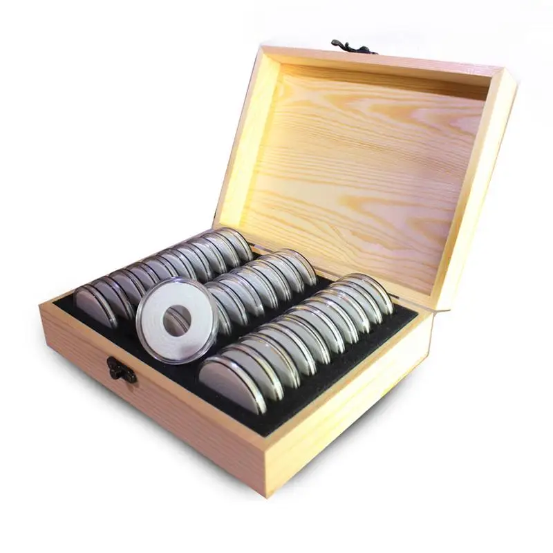 

Grid Coin Storage Box Round Coin Storage Wooden Case Commemorative Coin Collection Container Coin Capsules Universal