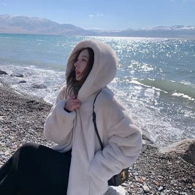 Short Faux Fur Coat Women Fashin High Quality Hooded New Autumn Winter Jacket Female Clothing Loose Thicken Warm Rabbit Fur Tops