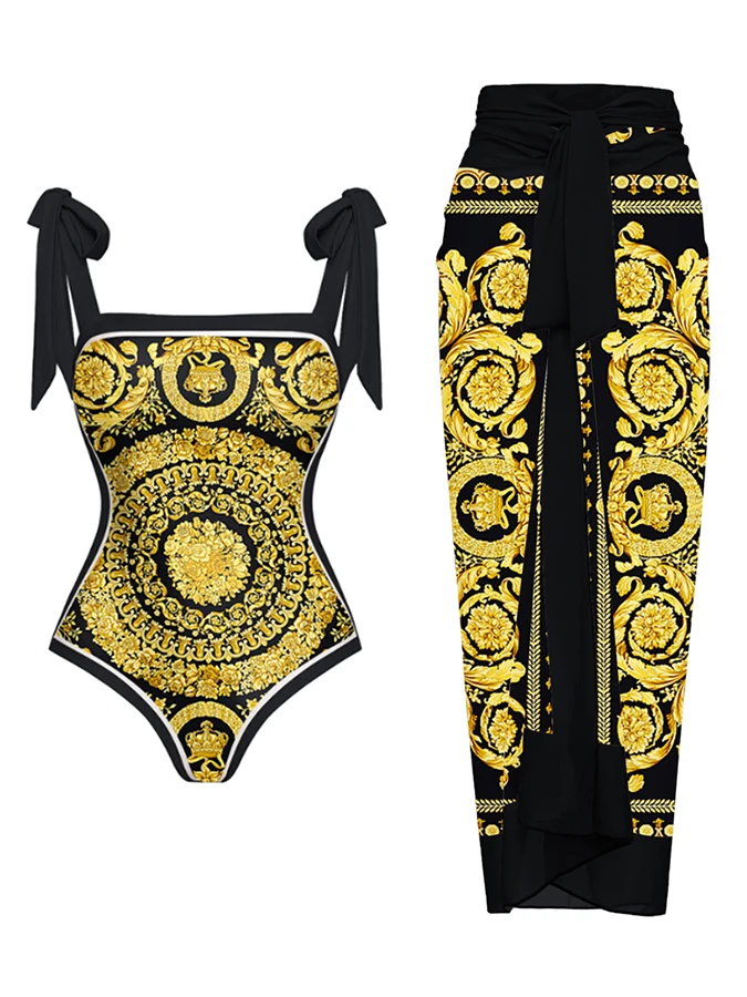 

Reversible Bowknot Tie-shoulder One Piece Swimsuit and Sarong