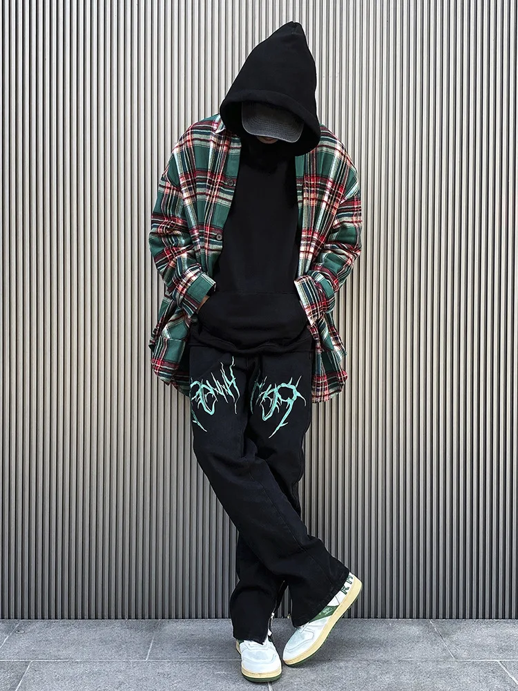 Jeans Men's High Street Embroidery Black Straight Loose Hip Hop Skateboard Side Zipper Mopping Pants Streetwear Jeans Hommes