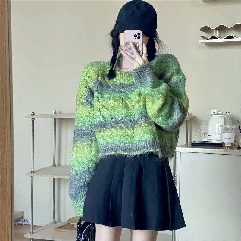 

Tie Dye Women Sweaters Short Vintage Sweet Rainbow Sweet Autumn Winter Jersey Mujer Korean Fashion Pull Femme Kawaii