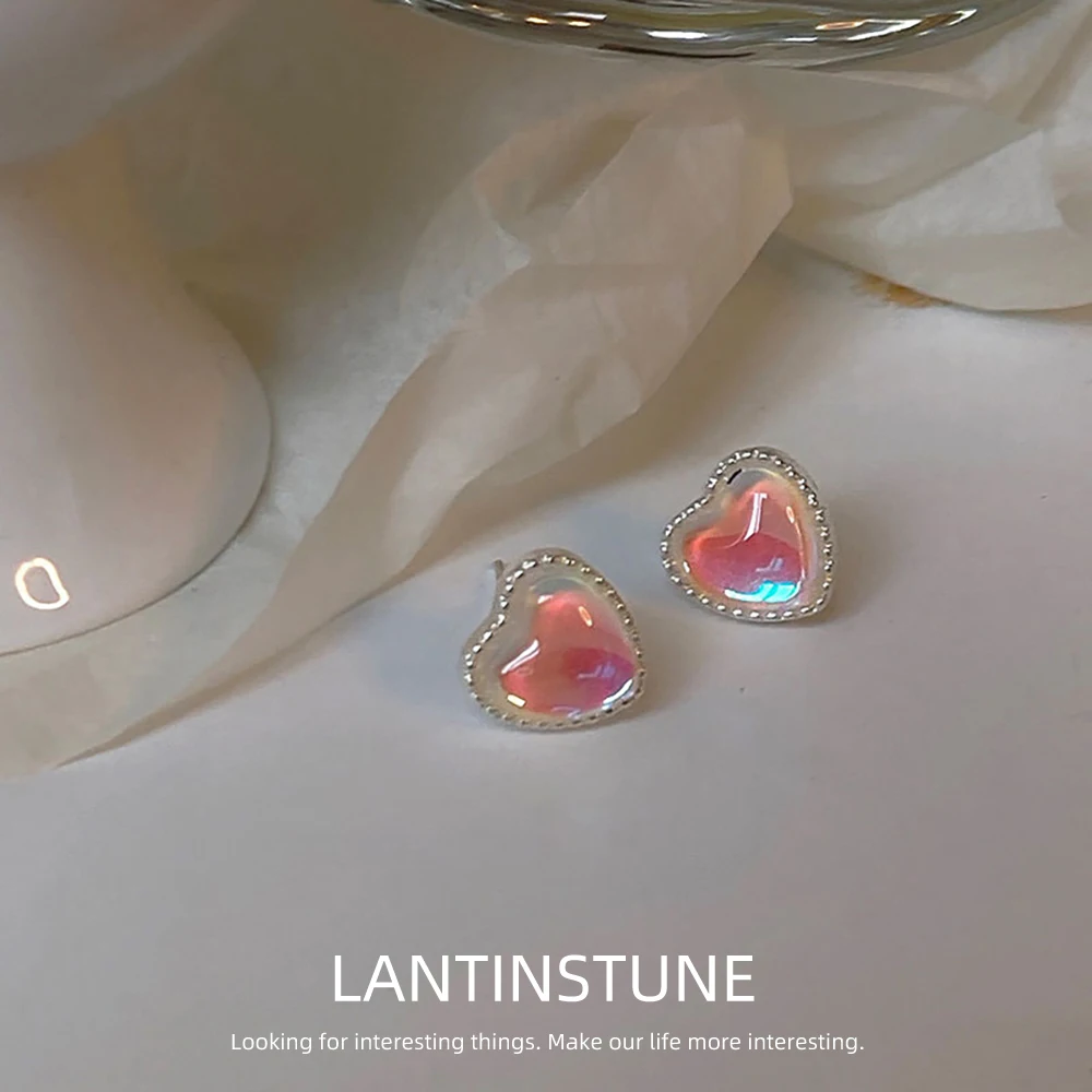 

Exquisite Colorful Opal Heart Shaped Stud Earrings For Women Light Luxury Young Girls Silver Color Peach Earring Jewelry N460
