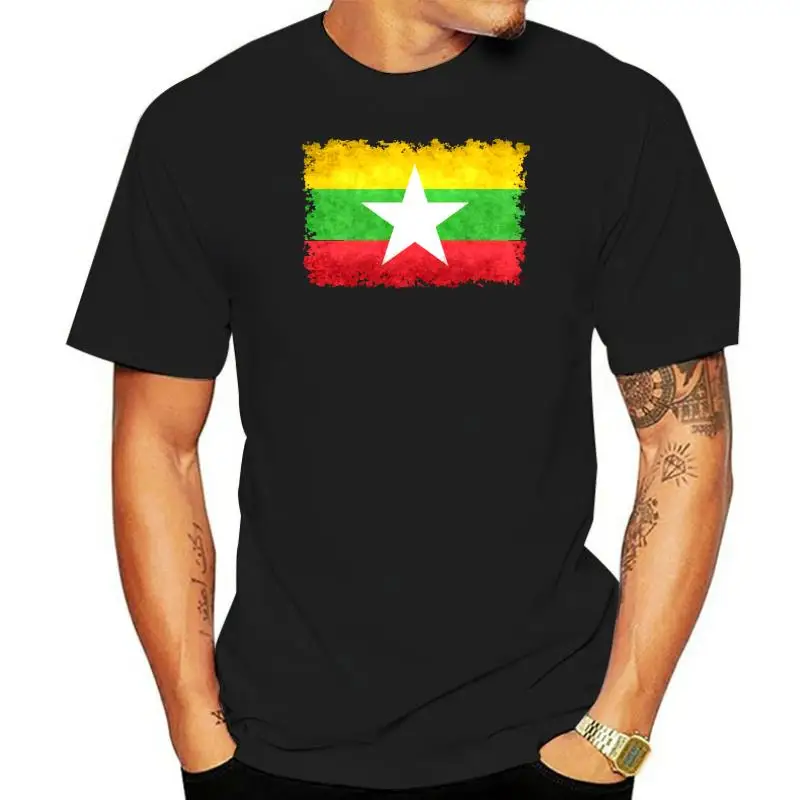 

Myanmar Flag in vintage grunge Normal Summer Fall Cotton Fabric O-Neck Man Tops T Shirt Tee Shirt High Quality Top T-shirts