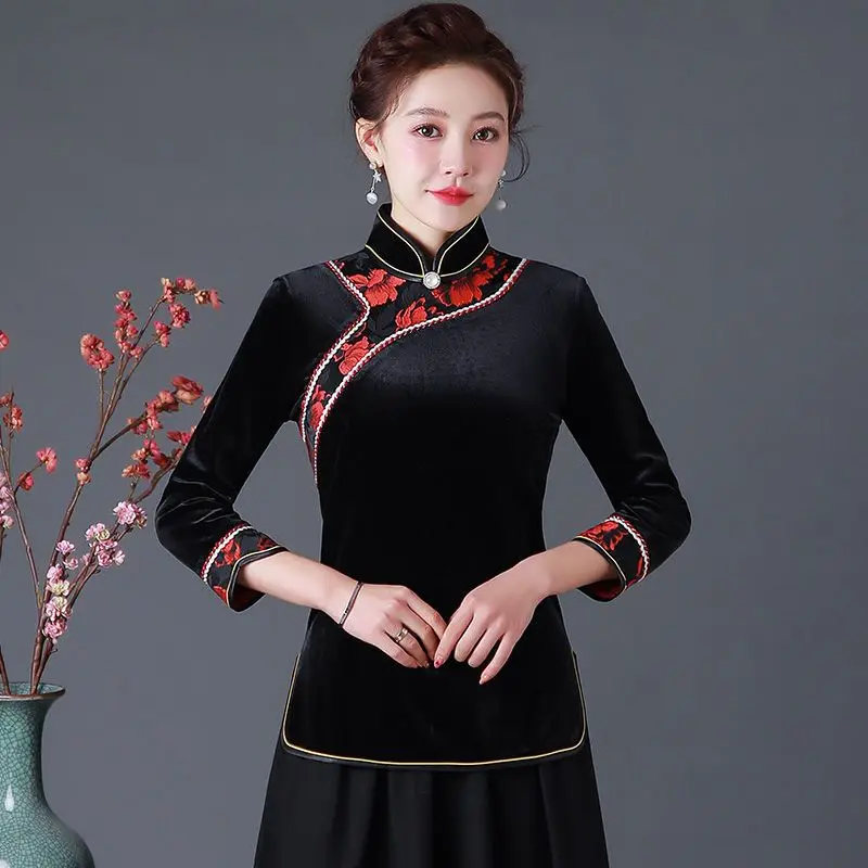 

Cheongsam Women's Plus Size Tops 2023 Autumn Pleuche Splicing Stand Collar Long Sleeve Chinese Style Warm Qipao T-Shirts Woman