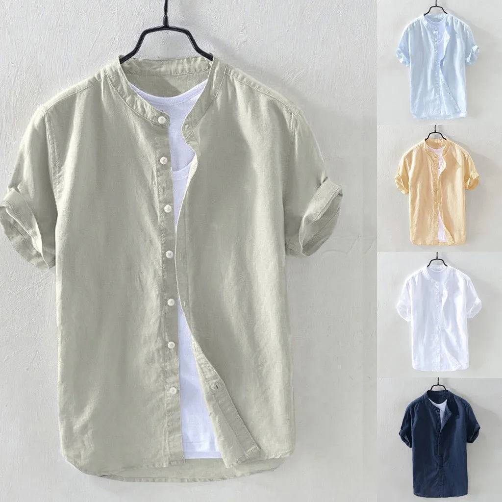 

2000 Men's Baggy Cotton Linen Solid Short Sleeve Button Retro Shirts Tops Blouse camisa masculina hawaiian streetwear In stock