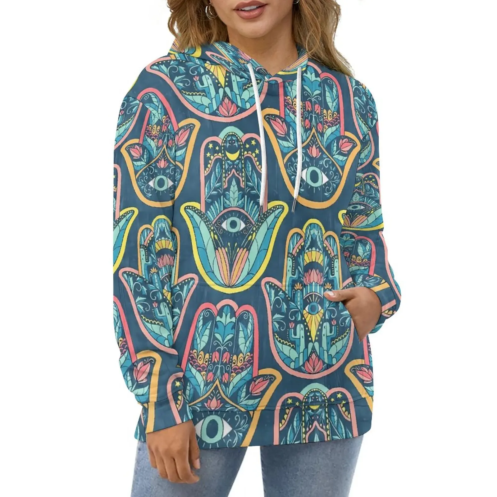 

Hamsa Hand Casual Hoodies Talisman Elegant Pullover Hoodie Woman Long-Sleeve Fashion Custom Loose Oversized Hooded Sweatshirts