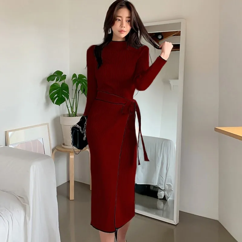 

2022 Spring Sheath Bodycon Knitted Dress Women Sweater Contrast Color Office Pencil Dress Vestidos