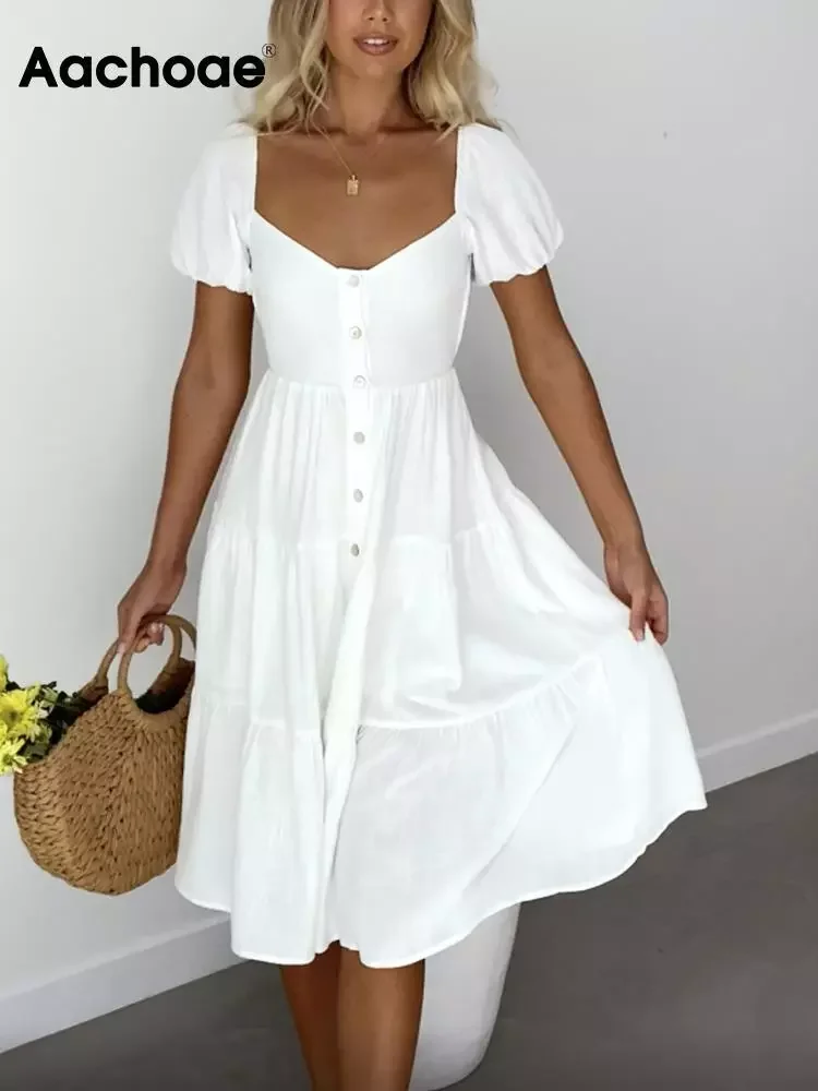 

Aachoae Summer Solid Color Elegant A Line Dress Women Puff Short Sleeve Midi Female Square Collar Sundress Vestidos Mujer