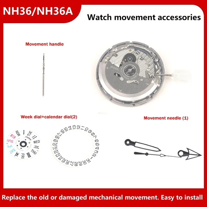 

NH36/NH36A Movement With Steel Stem+Week Dial+Calendar Dial+Needle High Accuracy Watch Movement