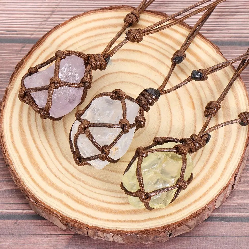 

Rose Quartz White Crystal Amethyst Rope Wrap Necklace Healing Pendant Irregular Crystal Quartz Natural Stone Necklace