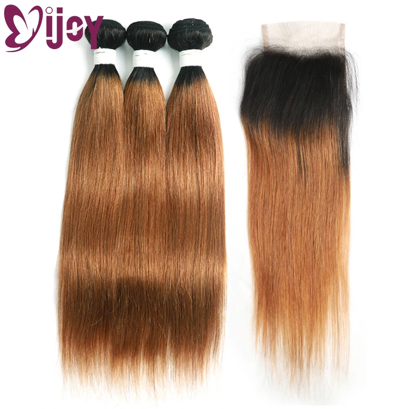 IJOY Brazilian Straight Hair Weave 3/4 Bundles With Closure Ombre Brown 1B/30 Remy Human Hair Bundles With Lace Closure