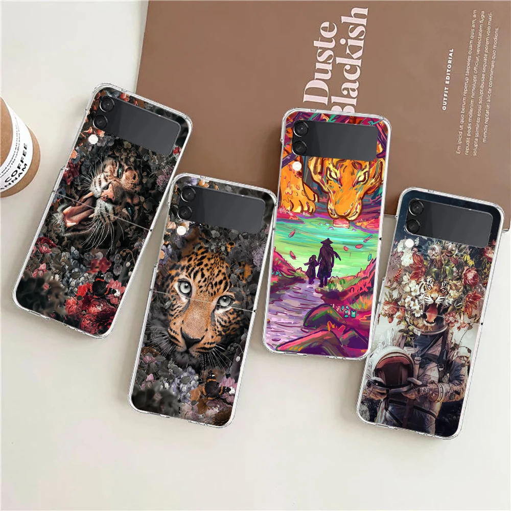 

Golden Animal Tiger Lion ZFlip4 ZFlip3 Phone Case For Samsung Z Flip 3 5G Transparent Hard Shell Z Flip 4 Galaxy Cover Folding