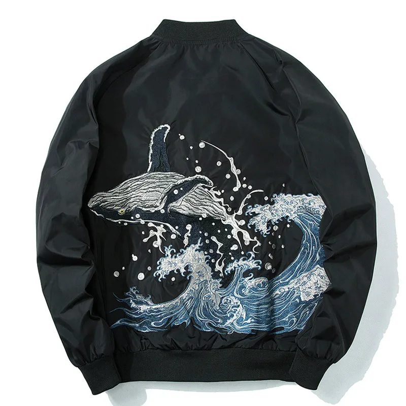 

2023 Autumn Men Women Embroidery Baseball Jacket Whale Waves Fashion Hip Hop Couple Jacket Boys Hipster Streewear Windbreaker