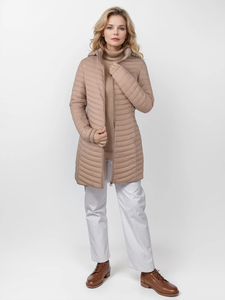 Женская сверхлегкая куртка SANTELON Palto-Down со съемным капюшоном и длинными рукавами