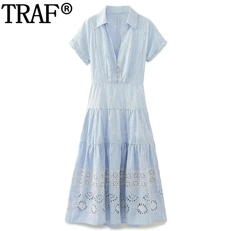

TRAF Striped Embroidered Shirt Dress Woman Blue Cut Out Long Dresses For Women 2023 Summer Short Sleeve Casual Women's Dresses