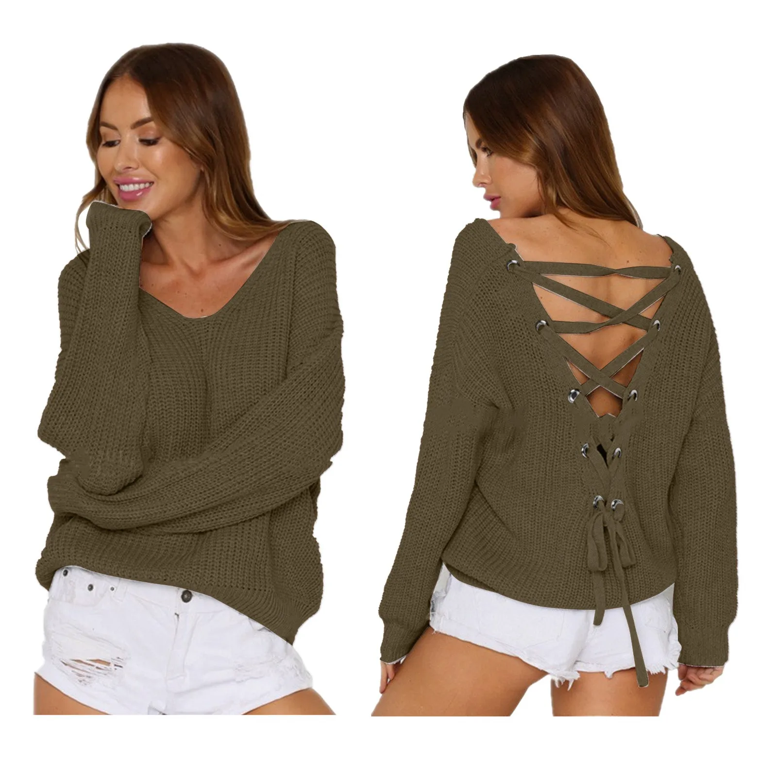 Осень-зима сексуальный однотонный свитер с v-образным вырезом и открытой спиной