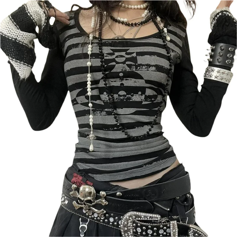 

Xingqing Gothic Grunge Tops Aesthetic Striped Long Sleeve T Shirts 2000s Graphic Tee Dark Academia Clothes E Girl Streetwear