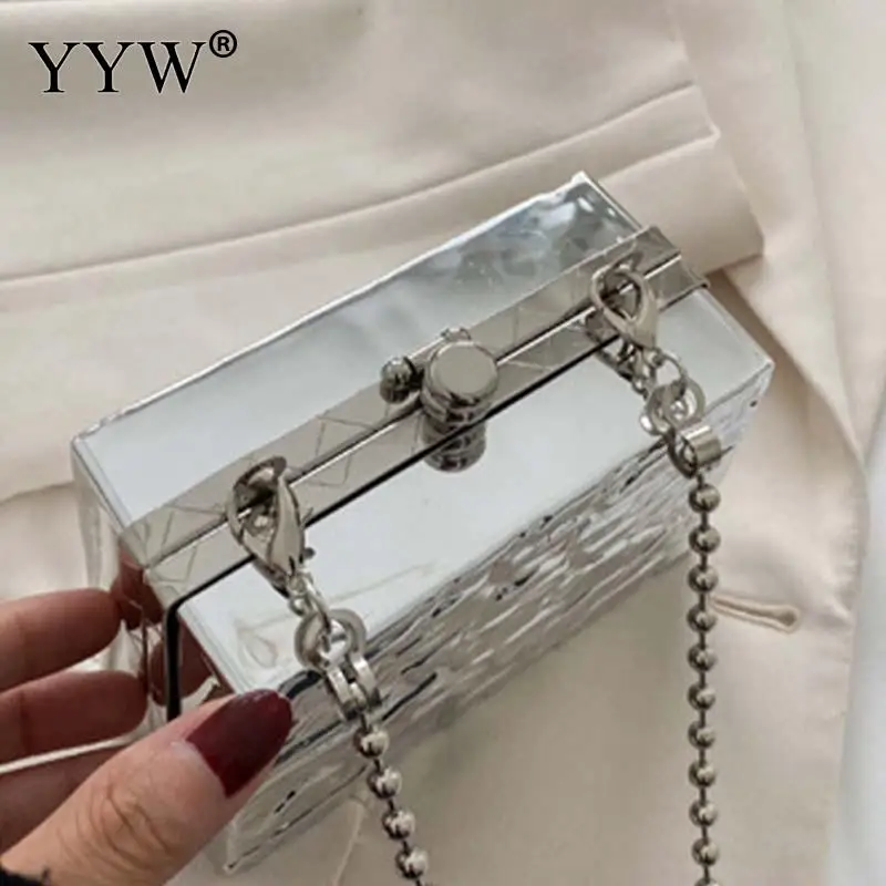 Fashion Square Acrylic Pleated Women Clutch Handbag Box Beads Chain Crossbody Shoulder Mini Phone Case Purse Casual Lady Bag