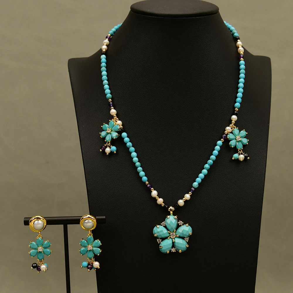 

G-G Natural Freshwater Cultured White Pearl Amethyst Turquoise Stone Necklace Blue Turquoise Flower Golden CZ Pendant Charms