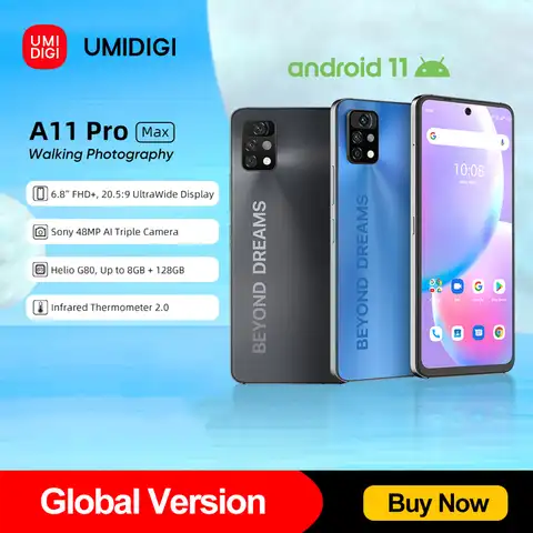 Смартфон UMIDIGI A11 Pro Max, телефон с экраном 6,8 дюйма FHD +, восьмиядерным процессором Helio G80, камерой 48 МП, 128 мАч