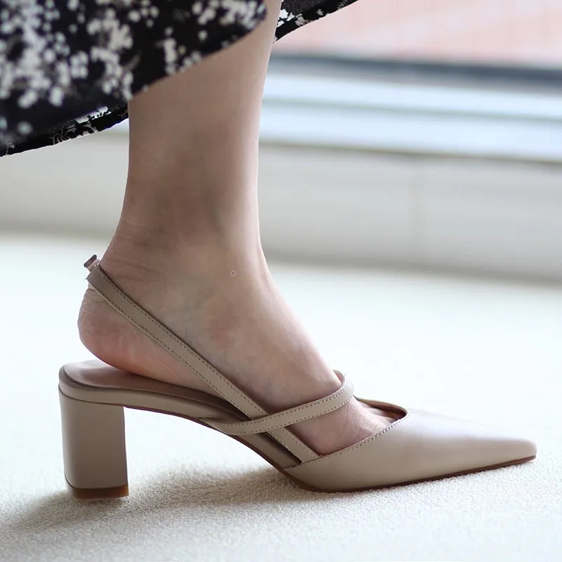 

Slingbacks Sandles Cow Leather Elegant High Heel PumpsPointed Toe Summer Sandles On Heel 5.5CM Buckle Spring Shoes Korea Style