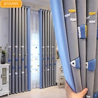 nordic childrens room cartoon embroidery cotton and linen stitching curtains for boys bedroom bay window customization