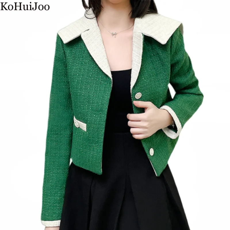 2022 Autumn Winter New Green Woolen Coat Ladies Color Contrast Sailor Collar Design Temperament Short Top elegant Tweed Jacket