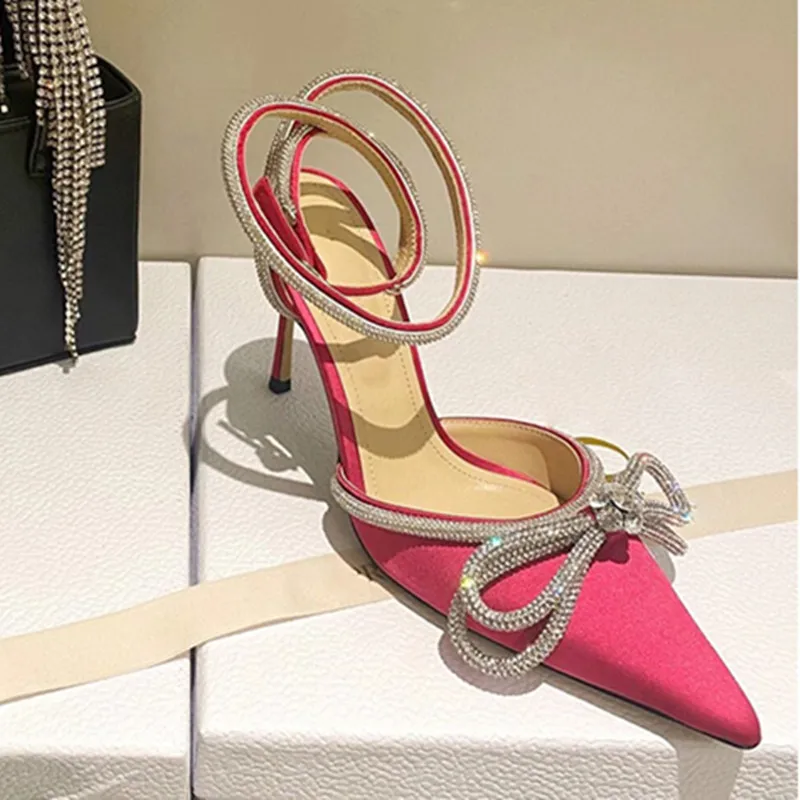 Pointed toe ladies sandals 2023 spring and autumn new Baotou high heels fashion luxury bow rhinestone Roman sandals