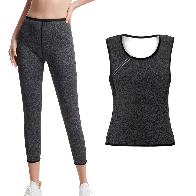 

Women Sauna Zip Shirt Body Shaper Slimming Sweat Pants Hot Thermo Leggings Tight Sauna Pants Gray Hight Waist Shapewear Set