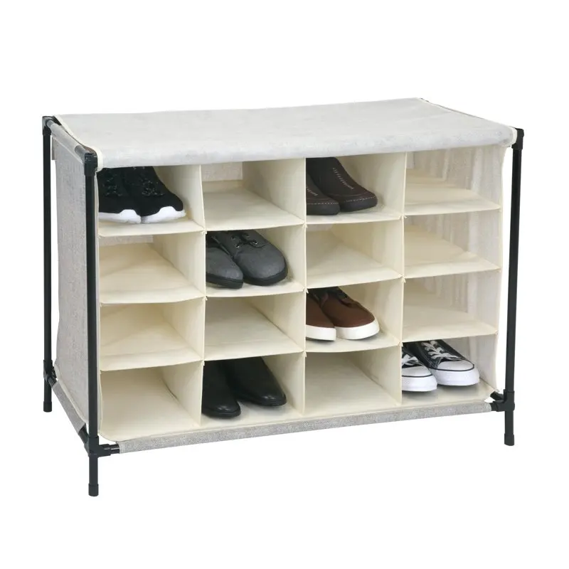 

4 Tier Fabric 16 Pairs Shoe Cubby Organizer, 16 Compartment, with Cover in Ivory Shoe Shelf Living Room Furniture
