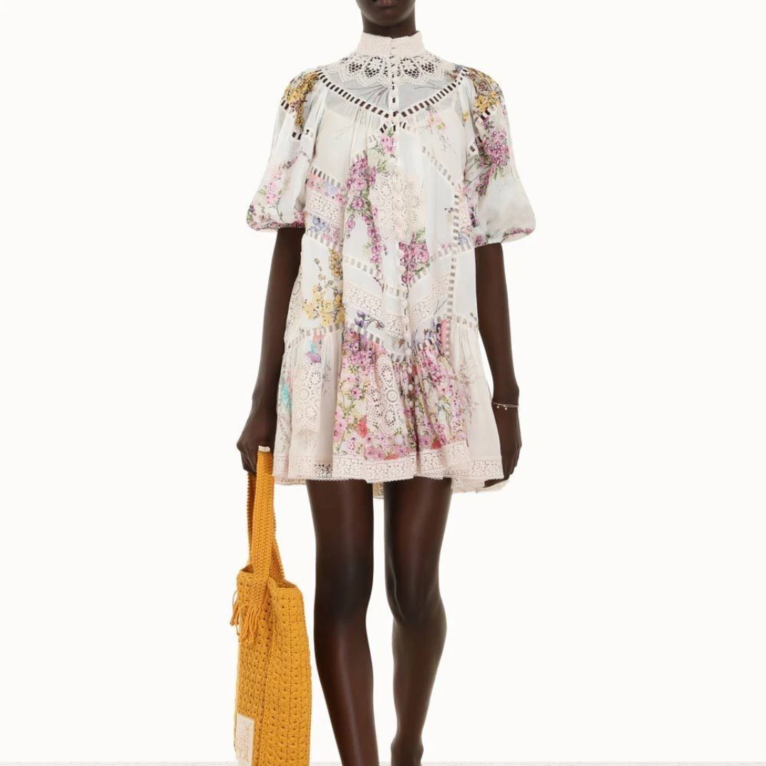 

Preorder 2022 Ramie легкость фиолетовый желтый сад цветочный принт крючок цветок полый воротник стойка свободное мини платье женское высшее качест...