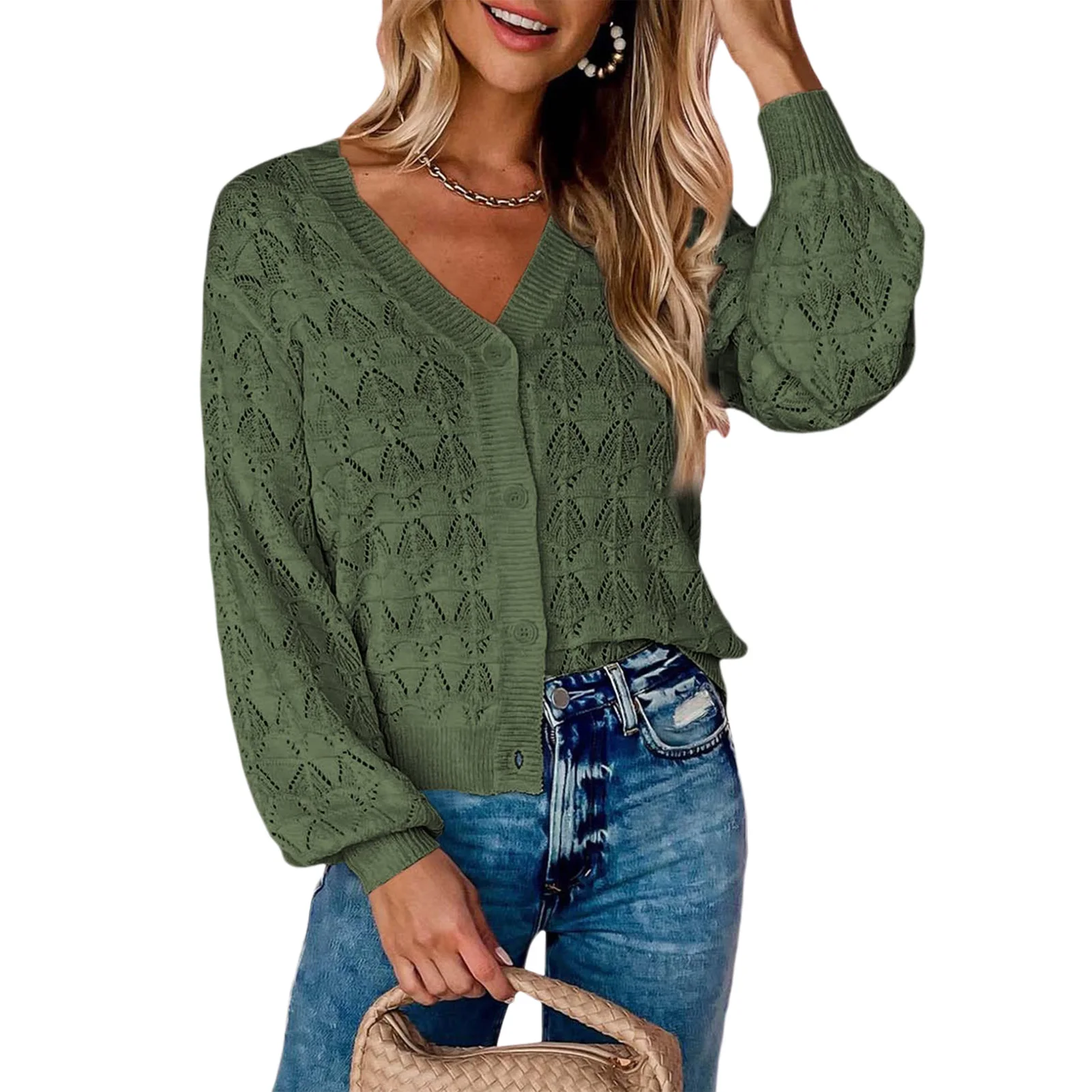 

Hollow Out Long Sleeve Cardigan for Women Autumn Solid Outwear Clothes Loose Fit Casual Style Single Breasted Knitted Sweaters