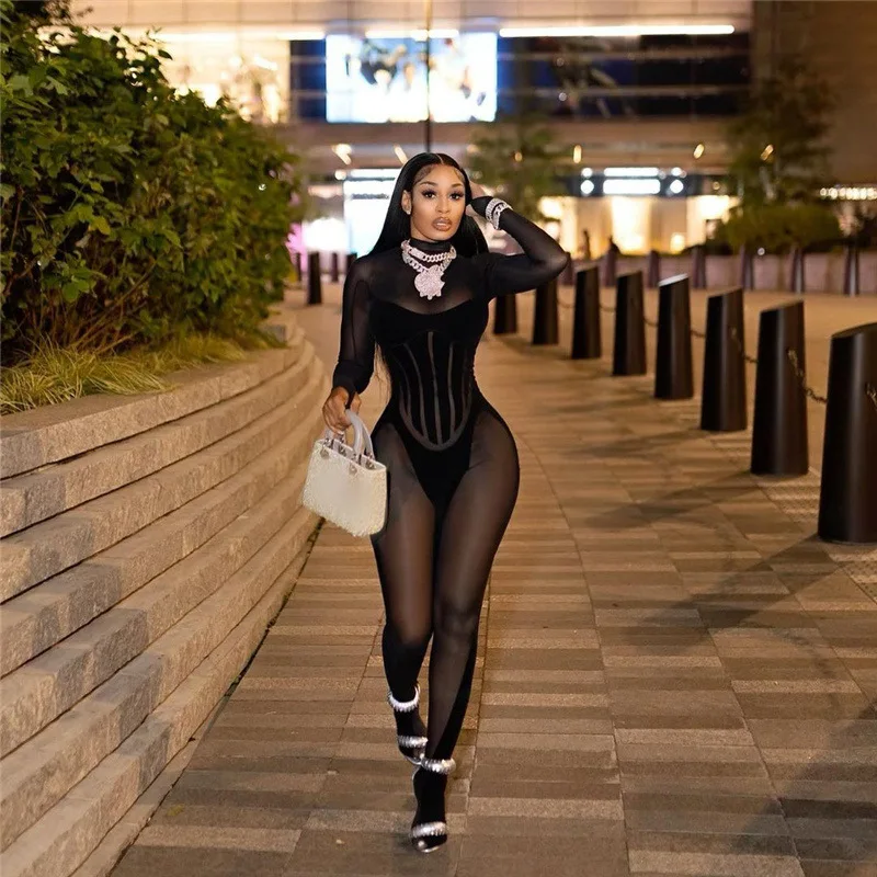 

Mesh Patchwork Foot Jumpsuit Women Sexy Mock Neck Long Sleeve See Through Attirewear Outfits Midnight Clubwear Overalls